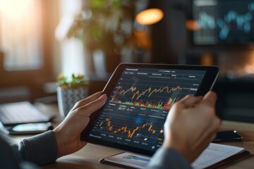 risk assessment tools hands holding a tablet or laptop displaying evaluation software, minimalist workspace settings, conveying the practical application of technology