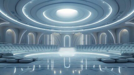futuristic circular auditorium, white marble floor, curved stadium seating, giant circular ceiling light, modern stage design, sleek white interior, minimalist architecture, high-tech lighting.
