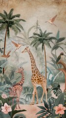 Vintage wallpaper of tropical forest with giraffes and hummingbirds, pastel color, oil painting style. 