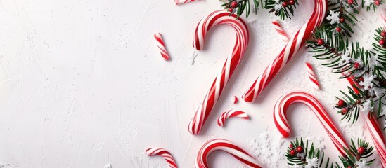 Family holiday party with Christmas candy canes displayed on a white backdrop creating a festive ambiance Ideal copy space image for the holidays