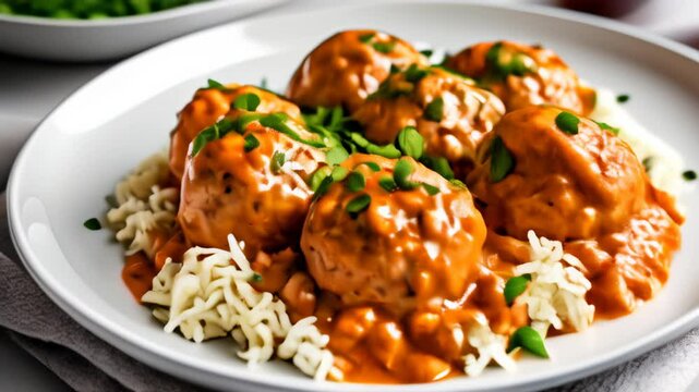  Deliciously spiced meatballs in a rich tomato sauce served on a bed of fluffy rice