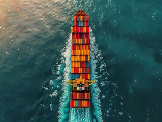 Aerial view from drone, Container ship or cargo shipping business logistic import and export freight transportation by container ship in the open sea, freight ship boat is horizontal AI
