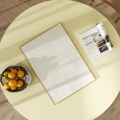 Interior wood frame mockup on dining room table. Modern scene template mock up with white poster, fruits and magazine. 3D render