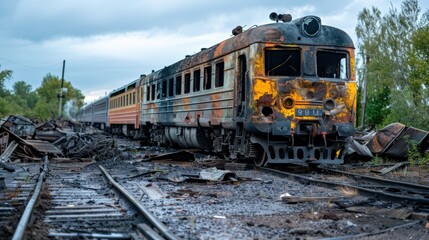 Fototapeta premium Rusty and Burned Out Train Wreckage on Railroad Tracks