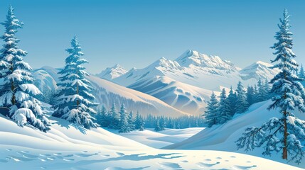Snow Covered Mountain Range Landscape with Pine Trees and Pristine White Snow, Drawing illustration.