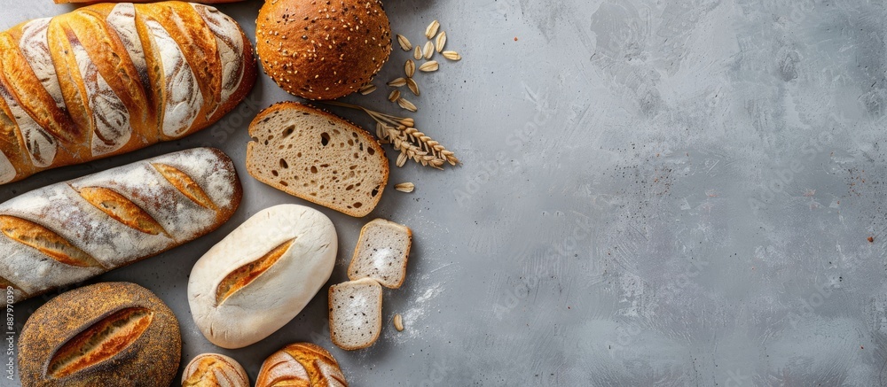 Poster Various types of freshly baked bread arranged neatly on a gray tabletop in a flat lay composition with room for adding text in the image. Copy space image. Place for adding text and design