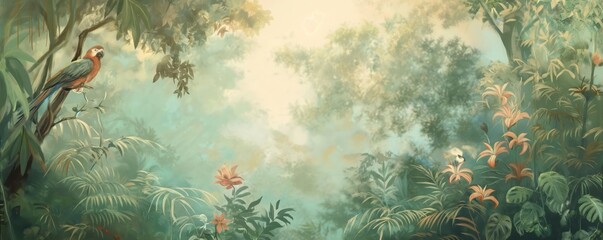 Vintage wallpaper of tropical forest with raccoons and macaws, pastel color, oil painting style. 