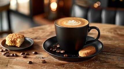Latte Art in Black Cup with Cookie on Wooden Table.