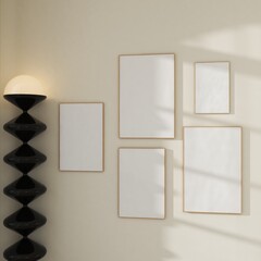 Five vertical frames, gallery wall art mockup on white wall. 5 empty posters with light reflection, modern scene template. 3D render
