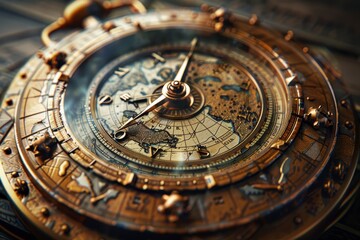 Obraz premium Steampunk Watch Face Illustration with Compass, Map Engravings in Warm Sepia Tones - Digital Artwork