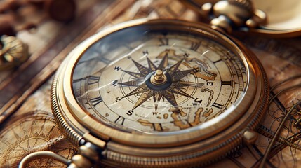 Steampunk Pocket Watch with Compass and Engraved Map in Sepia Tones - Intricate Detailed Design in Digital Illustration