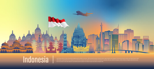 Vector design Ilustration of Indonesia landmark and flag. Indonesia garden theme and travel concept.
