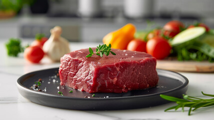 A raw beef steak garnished with herbs on a plate with vegetables.