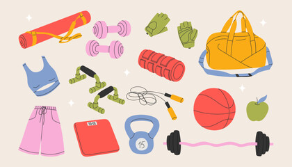 Sport equipment, gym accessory, people athlete set and yoga. Bag, basketball, barbell, scales, yoga mat, dumbbells, kettlebell, shorts, top, roller. Workout stuff bundle. Flat vector illustration © Lapalovee