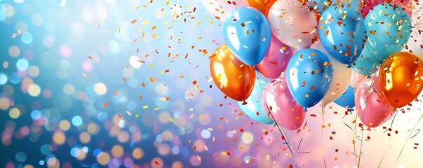 Celebration background with balloons and confetti, isolated on white background Generative Ai