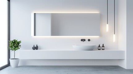 Minimalist modern bathroom with clean lines. White walls, black fixtures, and a floating vanity. Simple decor, large mirror, and soft lighting.