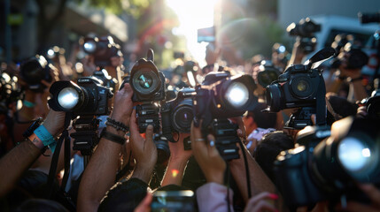 Large crowd of photographers holding up cameras, capturing an event with bright flashes in an outdoor setting.