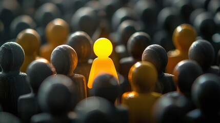 Obraz premium Unique glowing figurine stands out from the crowd, symbolizing the success and confidence of a leader. I'm different - I'm a winner! The concept of individuality and standing out from the crowd.