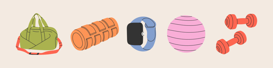 Sport equipment, gym accessory, people athlete set. Bag, roller, watch, tracker, ball, dumbbells. Workout stuff bundle. Flat vector illustration