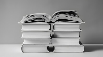 Fototapeta premium Stack of books, open book on top, white background, minimalist composition, clean aesthetic, soft shadows, education concept, literature theme, knowledge visualization.