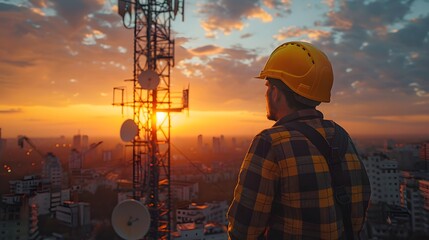 Telecommunications engineer, yellow safety helmet, plaid shirt, sunset backdrop, cell tower, satellite dish, urban rooftop, golden hour lighting, profile view, industrial photography, city skyline.