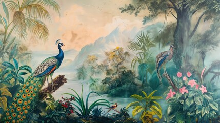 Vintage wallpaper of tropical rainforest with peacocks and tree frogs, pastel color, oil painting style. 