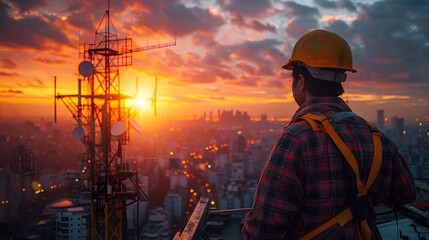 Telecommunications engineer, yellow safety helmet, plaid shirt, sunset backdrop, cell tower, satellite dish, urban rooftop, golden hour lighting, profile view, industrial photography, city skyline.