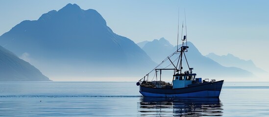 An isolated fishing boat on the water with a mountain in the background against a clear sky ideal for a copy space image