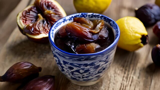  Deliciously decadent fruit compote in a traditional blue and white bowl