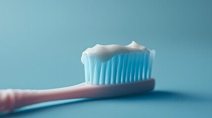 Toothbrush with toothpaste, blue background, pastel colors, soft lighting, macro photography, dental hygiene, minimalist composition, close-up detail, bristle texture, fresh mint concept.