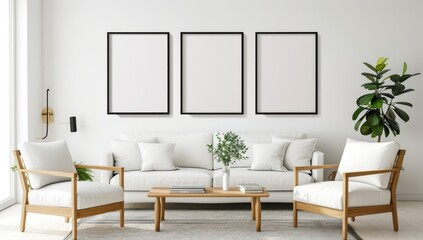 Fototapeta premium mockup of an empty black frame on the wall in a living room with a white sofa, wooden armchairs and coffee