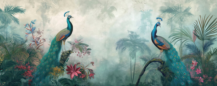 Vintage wallpaper of tropical forest with peacocks and tree frogs, pastel color, oil painting style. 