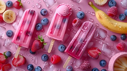 vibrant pink background, colorful fruit popsicles, ice cream scoop, blueberries, raspberries, banana slices, ice cubes, water droplets, refreshing summer treats, overhead view.
