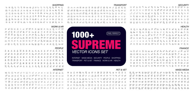 Collection of 1000+ pixel perfect, editable stroke vector icons. Covering pet and vet, people, Internet, security, work and HR, social media, healthcare, transport, business, shopping and finance