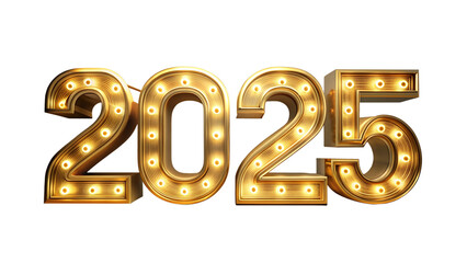 2025 New Year Celebration: Shiny 3D Numbers on a Transparent Background.