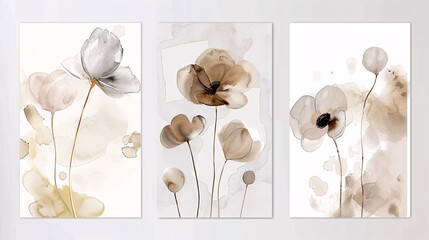 A set of three abstract art posters with minimalistic flower watercolor designs, positioned side by side on a white wall. Each poster features abstract floral forms in neutral colors with subtle