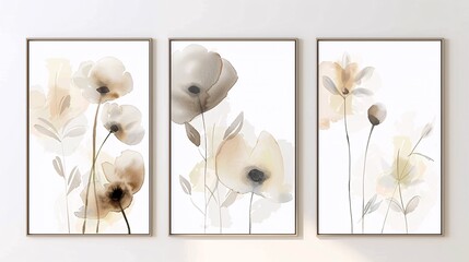 Three contemporary abstract art posters with minimalistic watercolor flower designs, arranged horizontally on a white wall. The designs feature airy floral patterns with soft watercolor washes in a