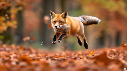 Obraz premium Autumnal Fox Mid-Jump in Forest Capture Showcasing Nature's Beauty and Wildlife Dynamics