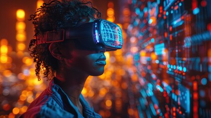 A person wearing VR headset immersed in a virtual digital environment with glowing data networks and futuristic technology.