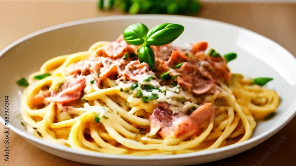 Canvas Prints  Delicious pasta dish with ham and herbs ready to be savored