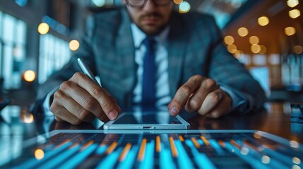 Businessman using tablet in office, conducting data analysis and decision-making in a modern setting.
