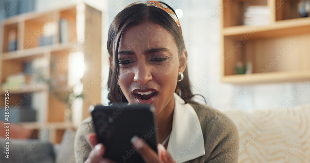 Poster woman, face and shock in home with phone for fake news, online scam and rejection notification from 
