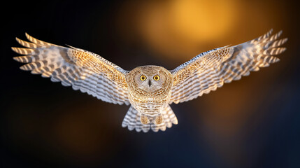 Fototapeta premium Majestic Owl in Flight Against a Golden and Darkened Backdrop