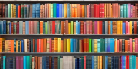 A wall of bookshelves filled with colorful books, each shelf full to the brim with various academic