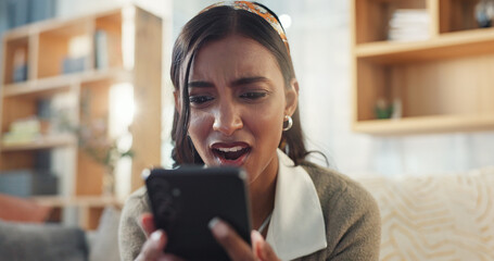 Woman, face and shock in home with phone for fake news, online scam and rejection notification from university. Frustrated girl, wtf and fear for mobile hacking, phishing email and breakup message