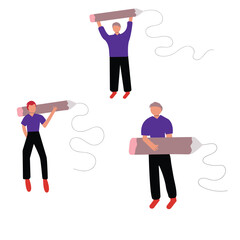 Holding big pencils. Creative young man with pencil in hand. Cute and adorable cartoon style vector illustration. Be inspired to draw, write, create and design.