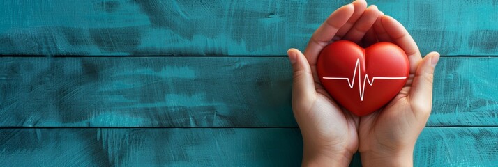 Hands cradling a red heart with heartbeat line, representing health and compassion