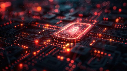 Futuristic cybersecurity technology concept with a glowing red lock symbol on a digital circuit board, emphasizing data protection.