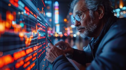 Man analyzing stock market data on a large digital screen at night, focusing on financial trends and charts in a vibrant city setting.