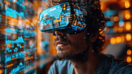 Man immersed in virtual reality using advanced VR headset surrounded by futuristic digital interface and neon lights.